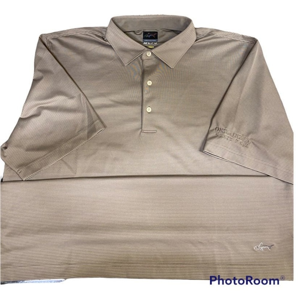 Greg Norman tan striped Polo XL OK state fair